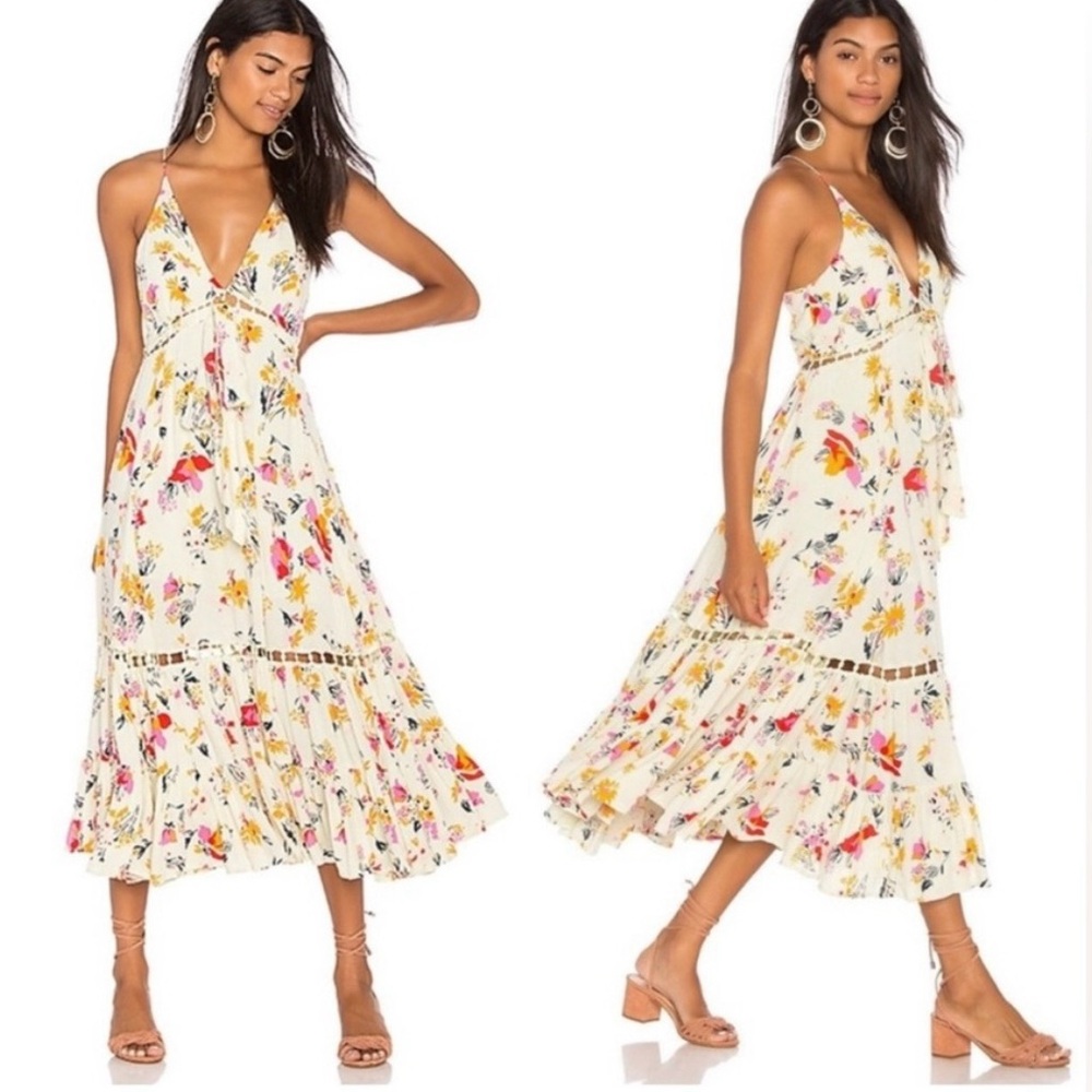 Free People Pages of Gold Floral Midi Dress Boho Festival Style - Extra Small